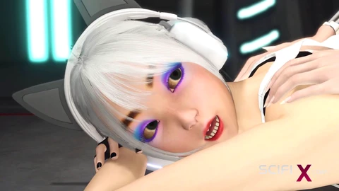 Ein heißes Gamer-Mädchen genießt harten Analsex mit einer sinnlichen Futanari in einer futuristischen Gefängniszelle