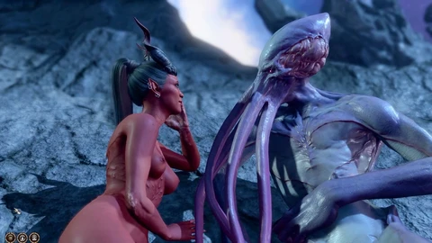 Horny trans cougar Tiefling caught engaging in a steamy encounter with an Illithid