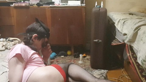 Mature crossdresser anal fuck, huge dildo lingerie