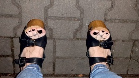 Crossdresser shows off her gorgeous feet in high heels out in public