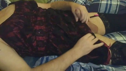 Shemale masturbates, stockings shemales