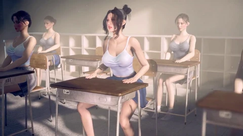 Asian futa babe jerking off in public classroom